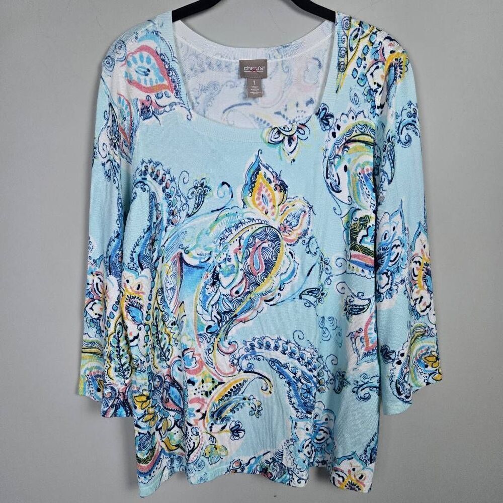 Chicos Womens Paisley Square Neck Knit Top Size Medium Blue Vibrant Preppy Artsy